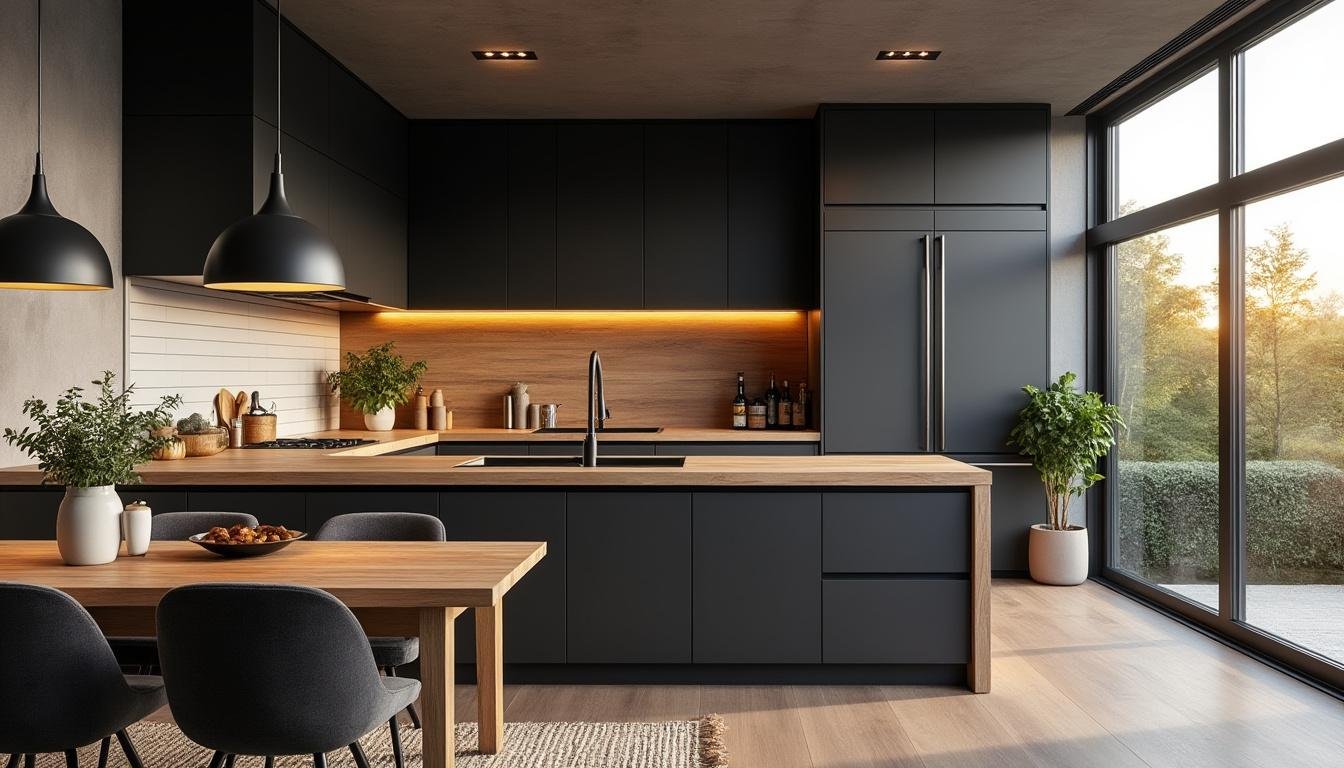 découvrez des idées déco inspirantes pour une cuisine alliant élégance du noir et chaleur du bois, créant un espace moderne et convivial.