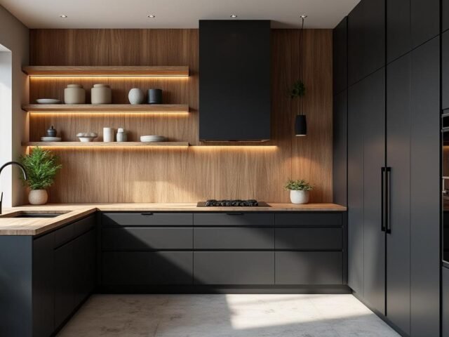 Idées déco pour une cuisine noire et bois