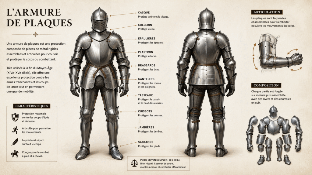 L'armure de plaque , les détails expliqué. Casque , collerin, epauliere, plastron, brassard, gantelets, tasseaux, cuissots, jambiere, sabatons
